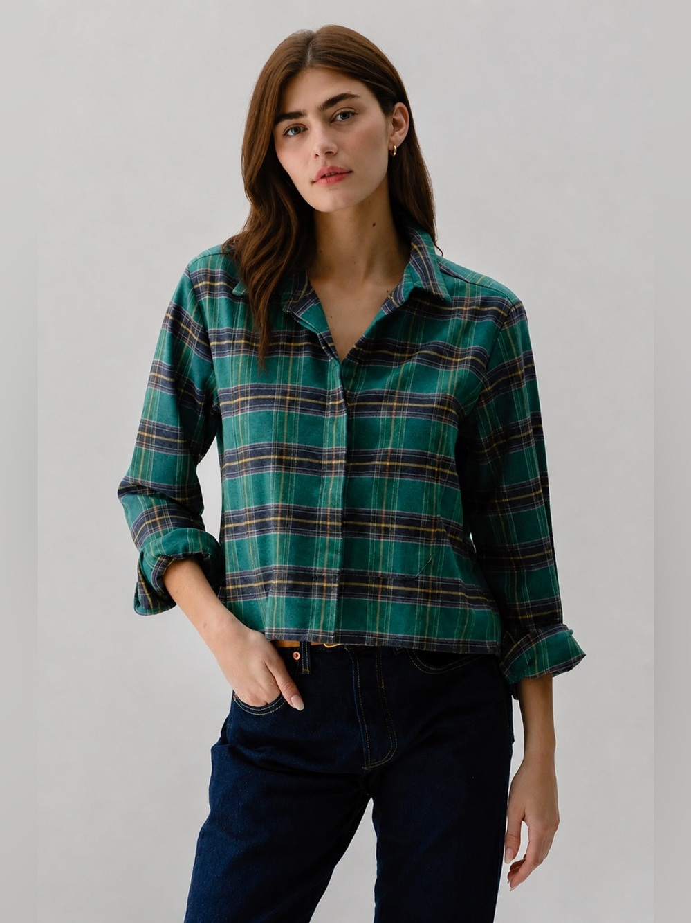 Cissa The Bib Shirt Japanese Flannel Green Plaid - Picture 1 of 10